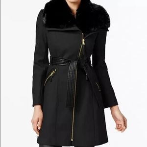Via Spiga Black wool faux fur collared women's coat NWOT
